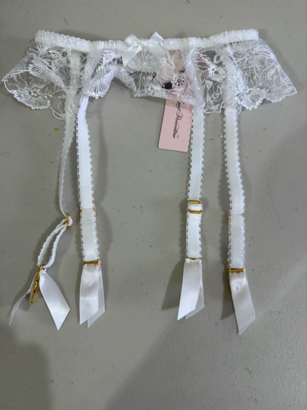 Agent Provocateur White Lace Garter Belt with Gold Accents
